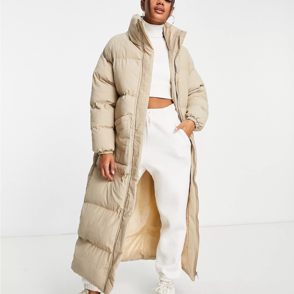 i saw it first x ASOS Womens Longline Ankle Length Puffer Coat in Stone